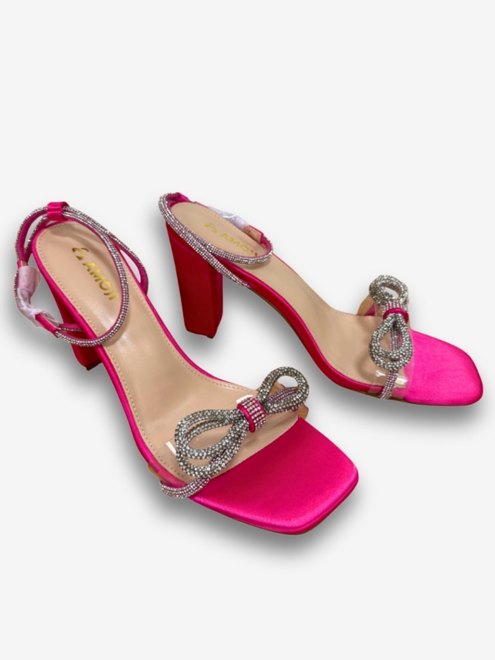 AMOJI Hot Pink Rhinestone Bow Block Heel Sandals Size 10 EU 41 Ankle Strap